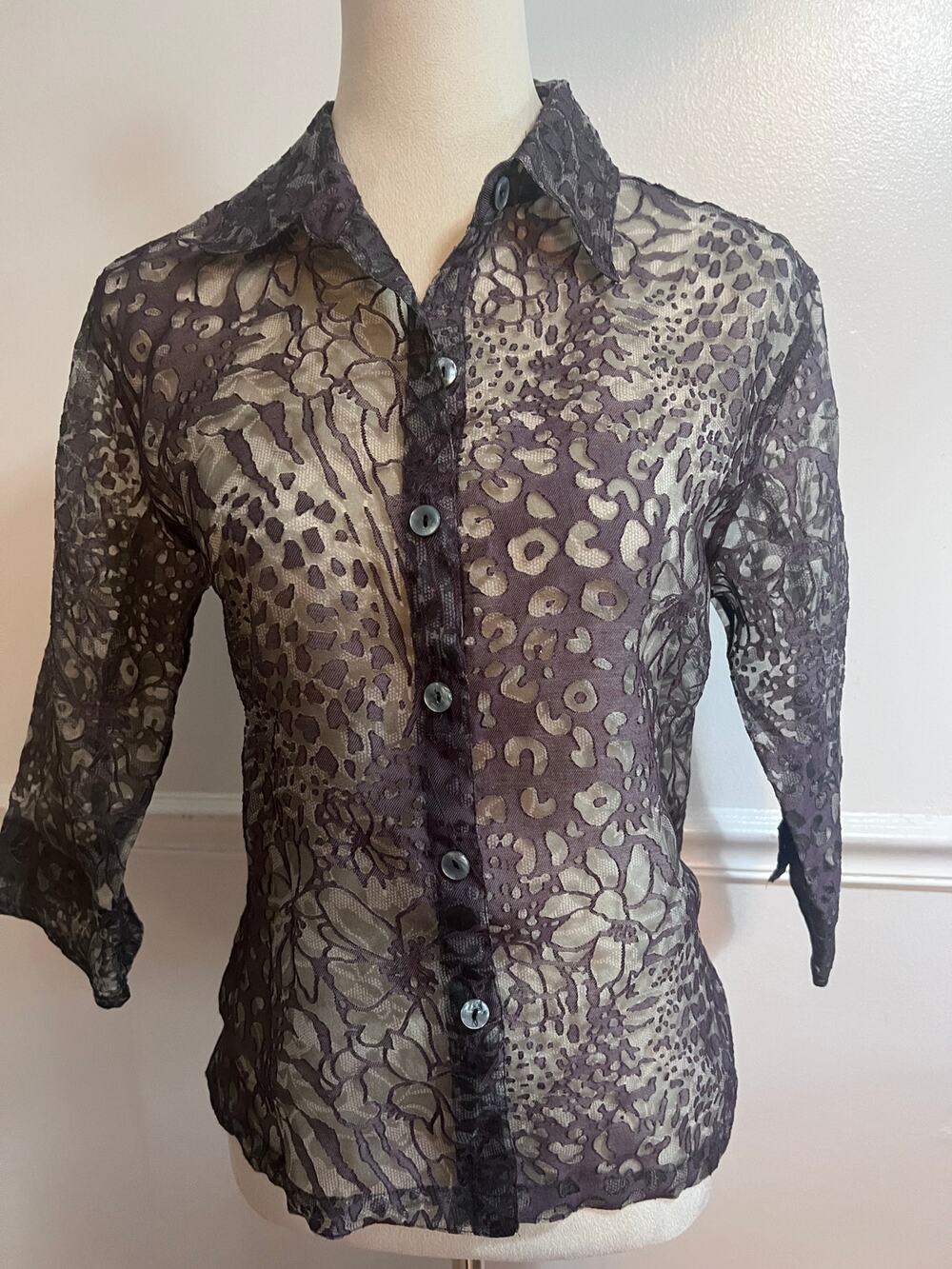 Sheer Burnout Lace Blouse S Purple Floral Leopard Y2K by Notations